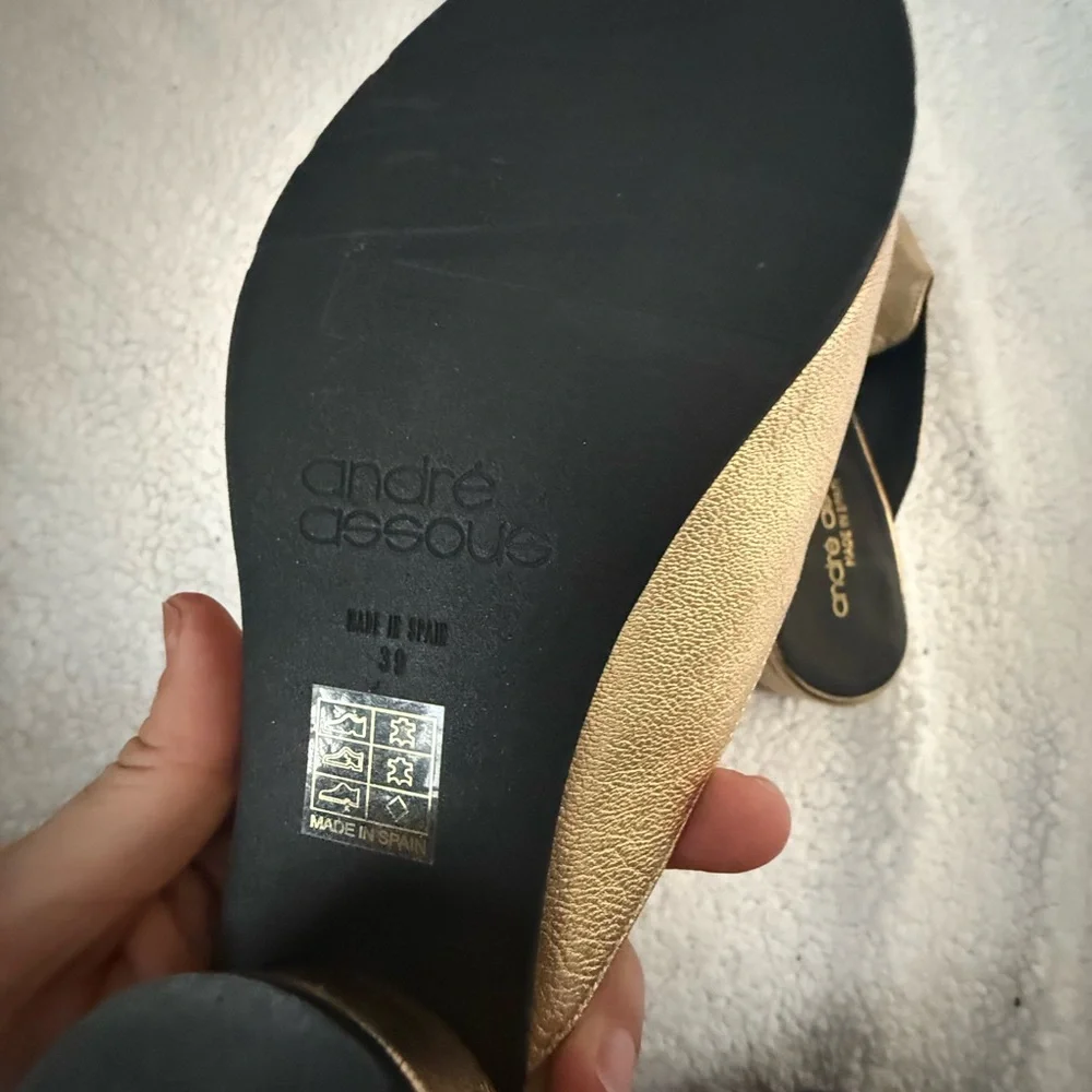 Andre Assoues gold and black slip on pointy style